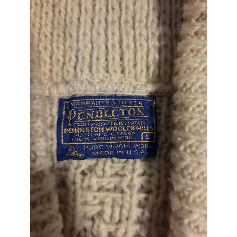 Vintage Pendleton Mens Cream Wool Cable Knit Shawl Collar Cardigan Sweater L USA
